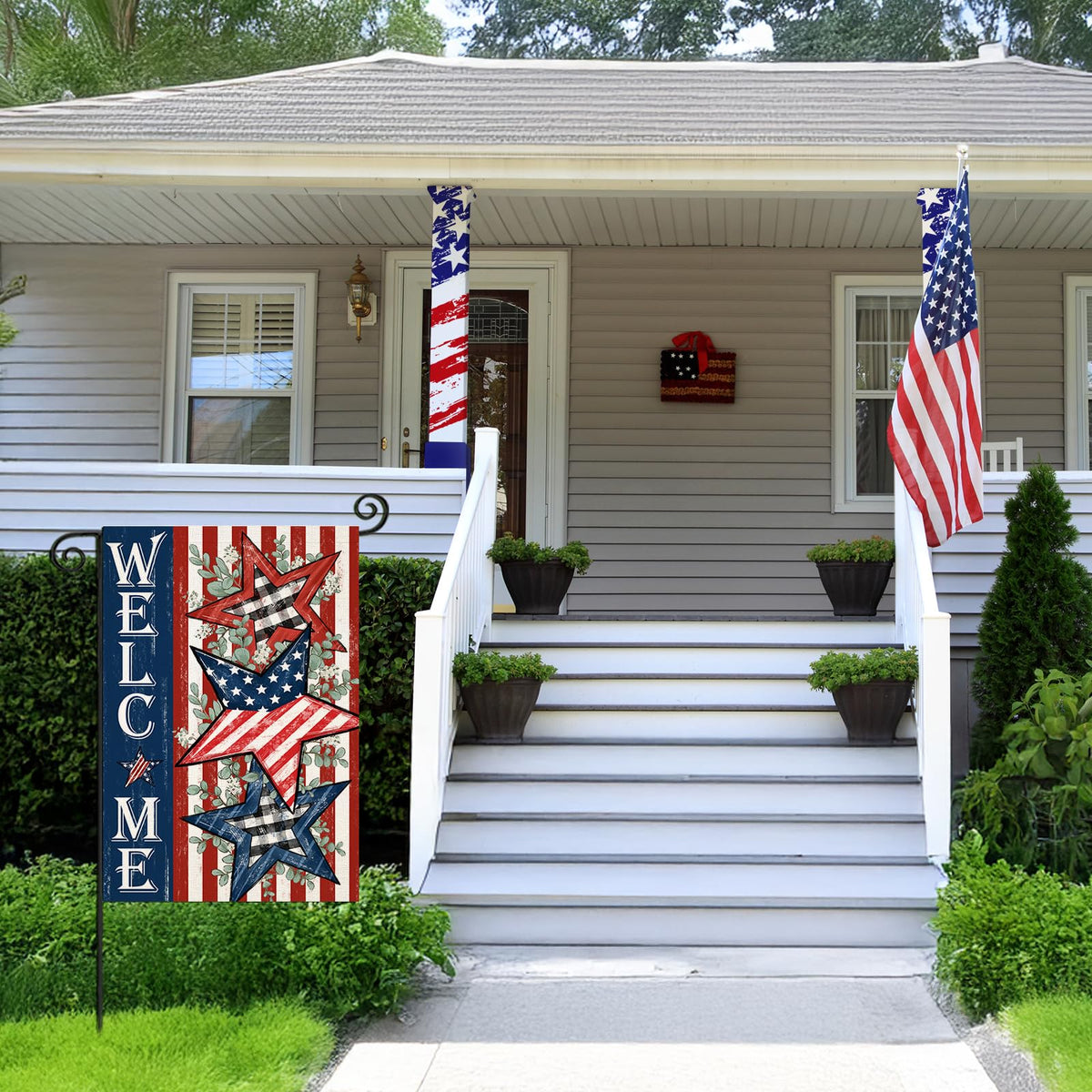 EKOREST patriotic garden decor that welcomes guests during Memorial Day and Independence Day.