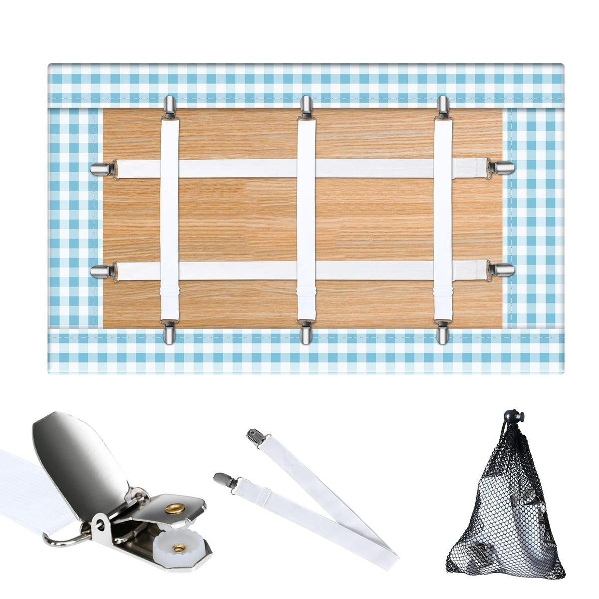 Eksinzenith hidden-strap clip secures round tables for a neat, wrinkle-free surface.