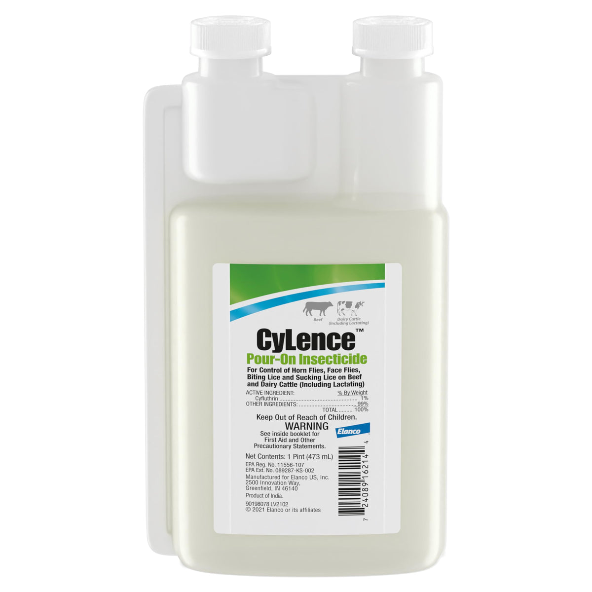 Elanco CyLence pour-on application on cattle back and head helps control pests.