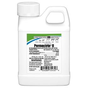 Elanco Permectrin II bottle front view for farm animal pest control on premises.