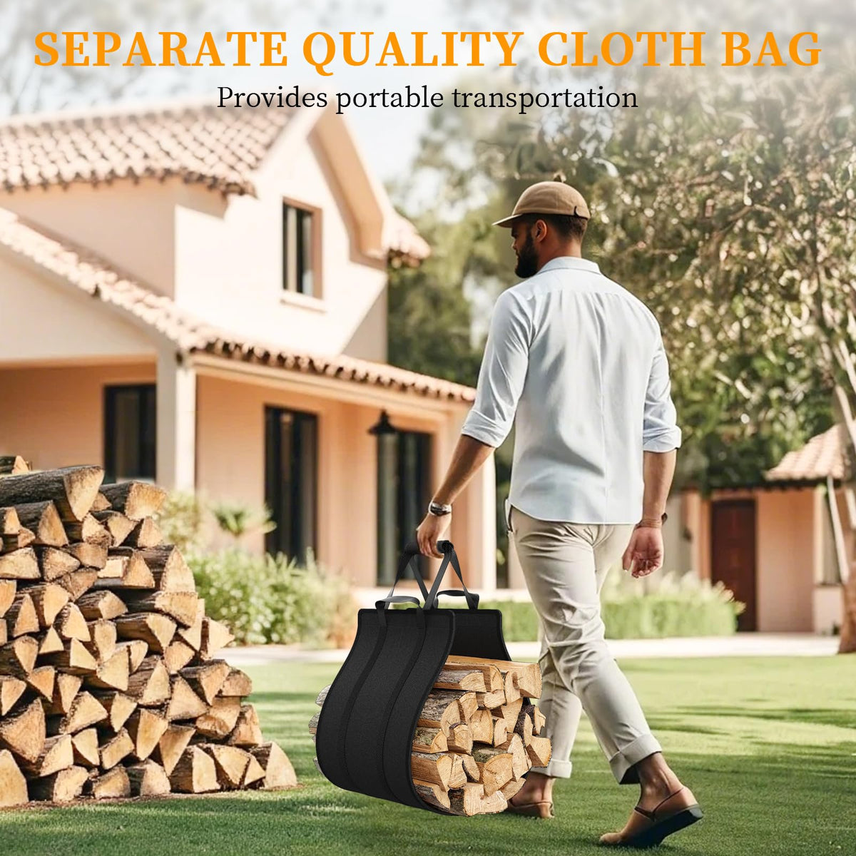 Elbourn Firewood Rack carrier bag enables easy log transport and reduces splinters.