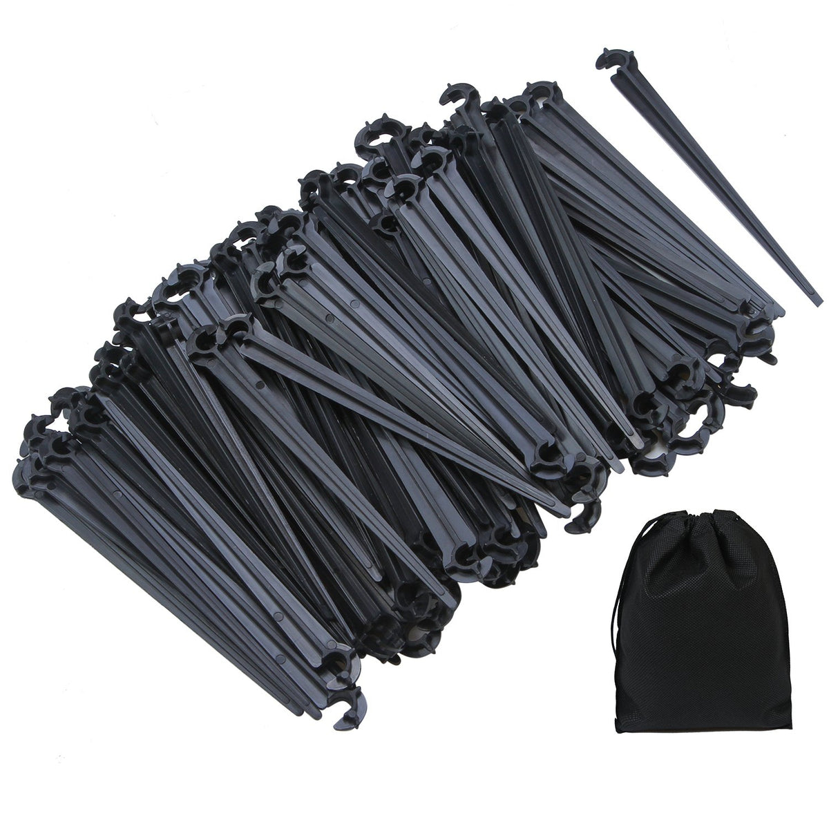 Elcoho 200-pack irrigation stakes keep drip lines aligned in the garden.
