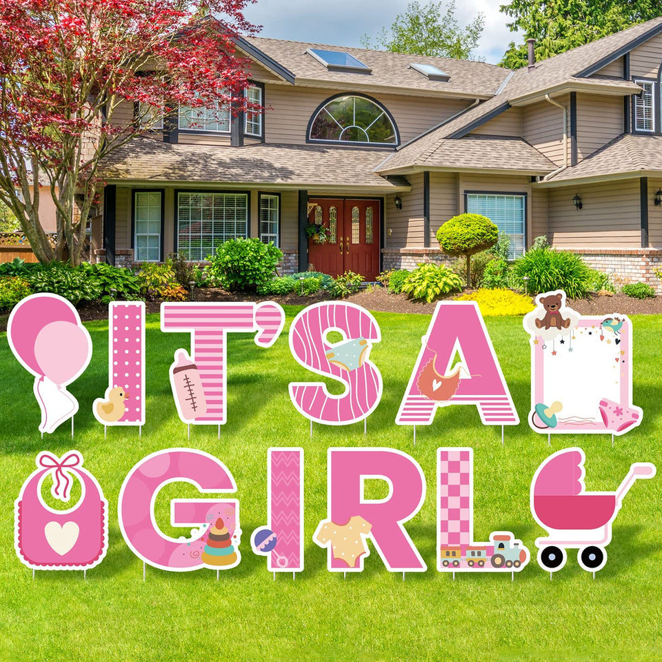 Elcoho It's A Girl yard sign with pink letters for festive outdoor display.