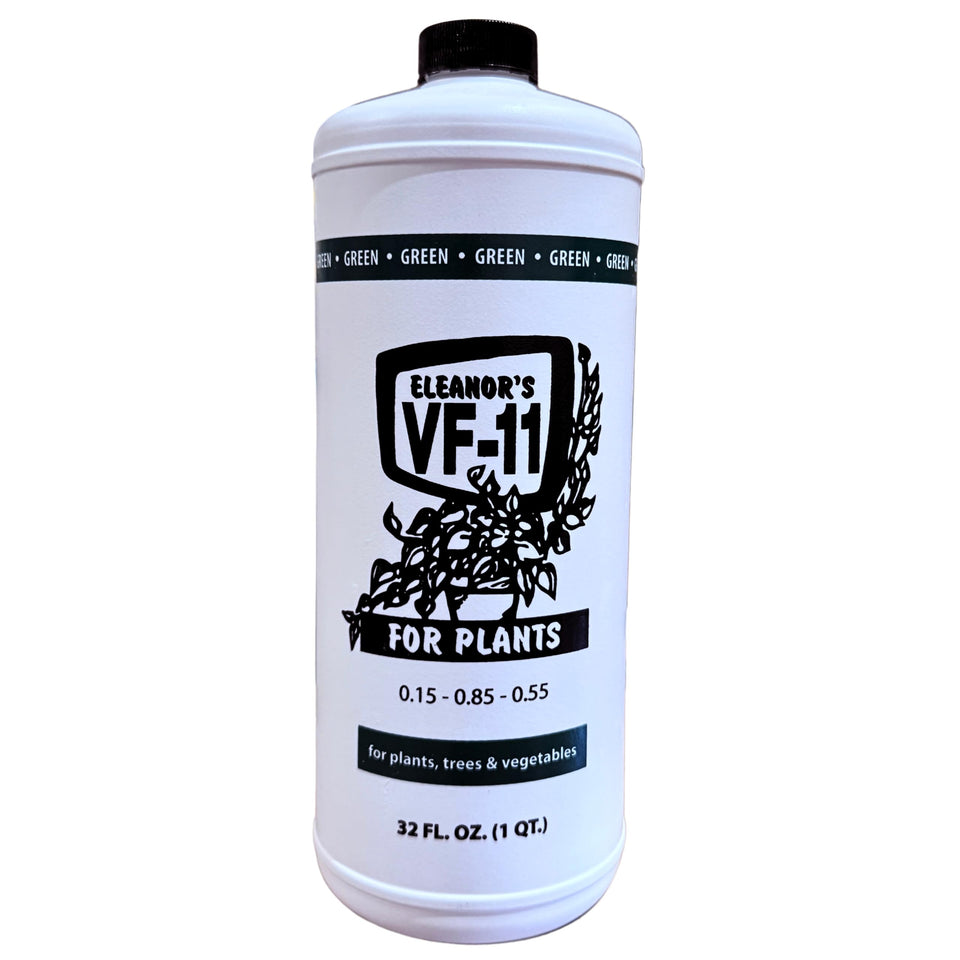 Eleanor's VF-11 bottle close-up, odorless and safe for indoor and outdoor plants.