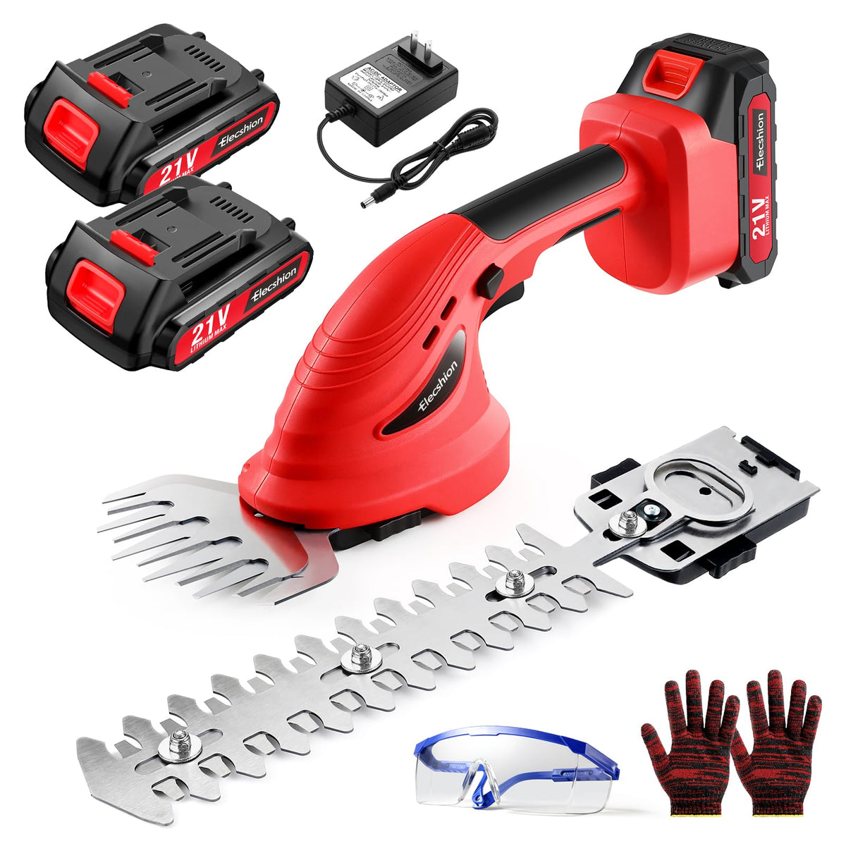Elecshion cordless hedge trimmer with long blades for precise hedge shaping.