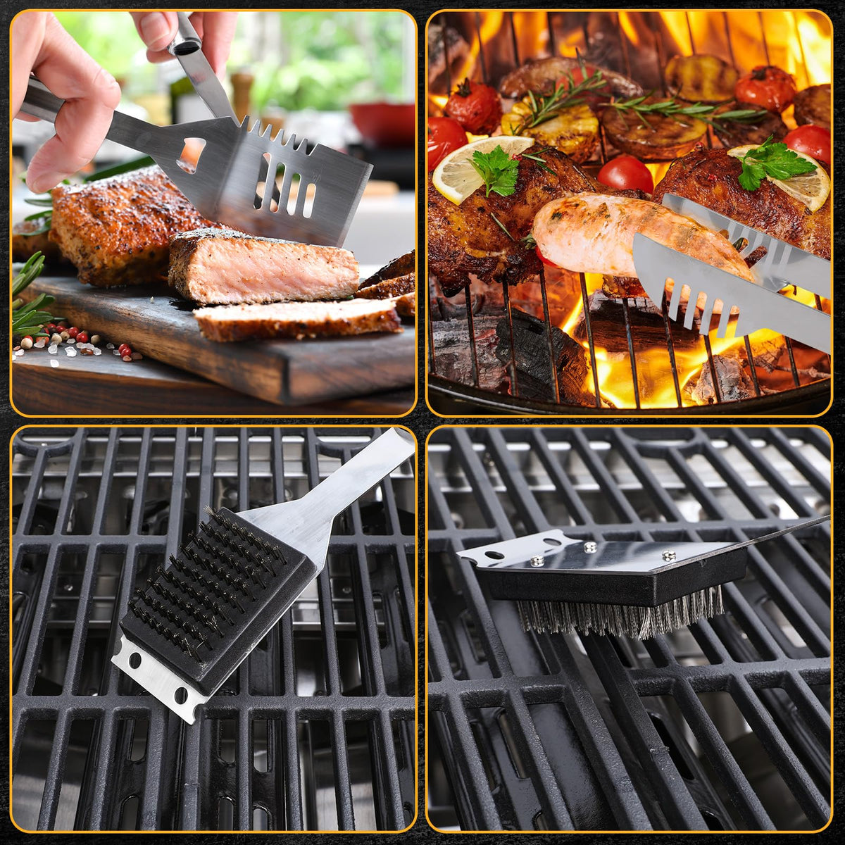Electactic wire brush cleaning close-up showing grill surface cleaning