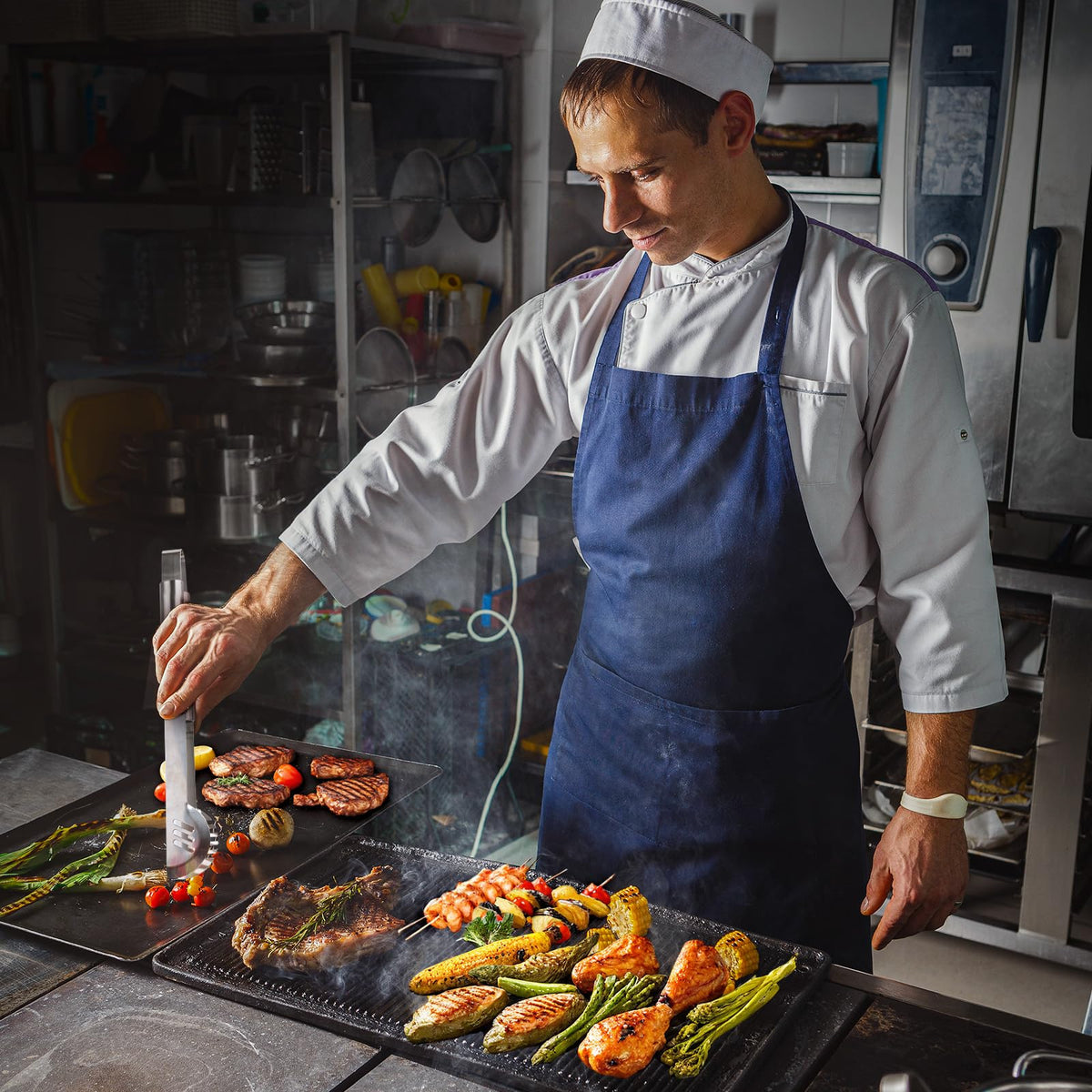 Electactic grill tongs provide precise control for effortless turning.