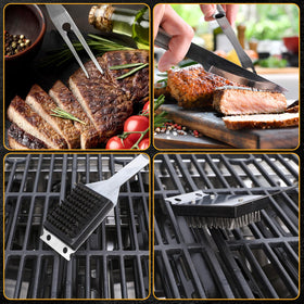 Electactic steel-wire grill brush cleans grates after cooking.