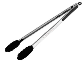Elegantcharm 17-inch kitchen tongs with silicone tips grip steaks without scratching nonstick pans.