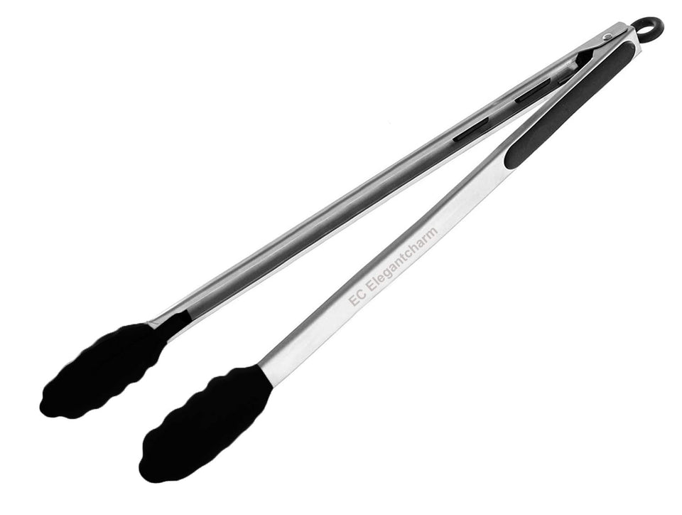 Elegantcharm 17-inch kitchen tongs with silicone tips grip steaks without scratching nonstick pans.