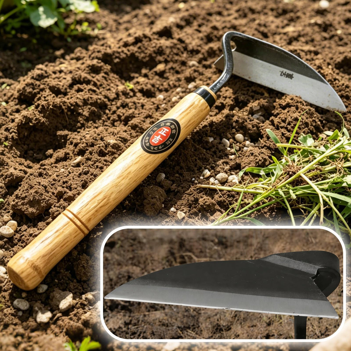 Elegital Kana Hoe 217 in garden bed during weeding session highlights precise control.