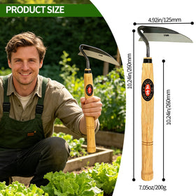 Elegital Kana Hoe 217 left-handed handle demonstrates ergonomic grip for comfortable weed work.