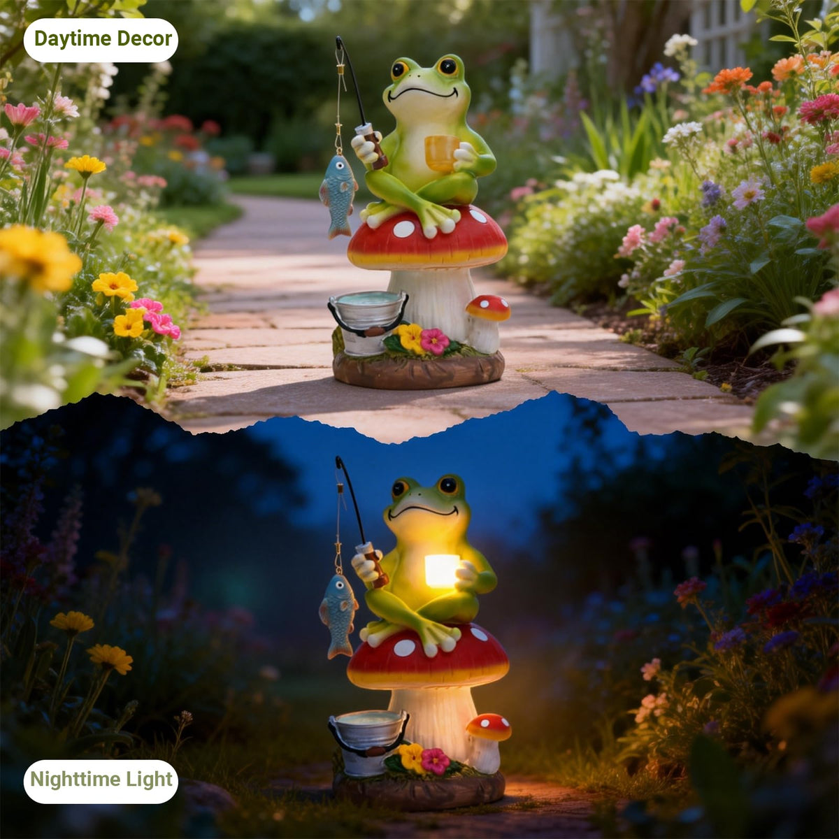 Elegondrar Frog on Garden Path enhances curb appeal during day and night.