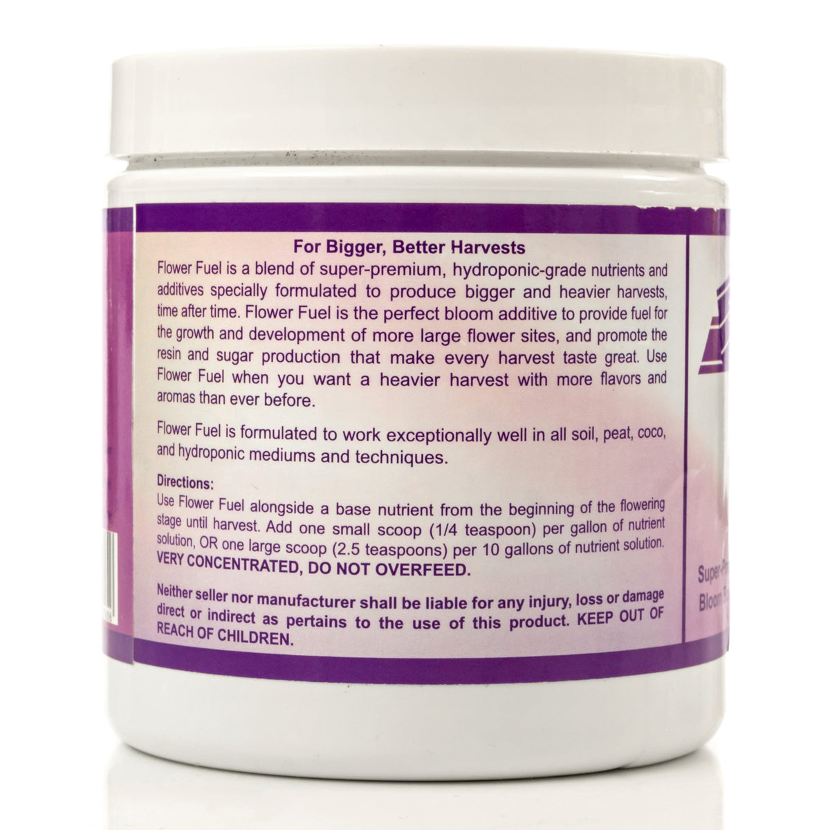 Flower Fuel jar detail highlighting premium bloom nutrients.