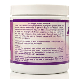 Flower Fuel jar detail highlighting premium bloom nutrients.