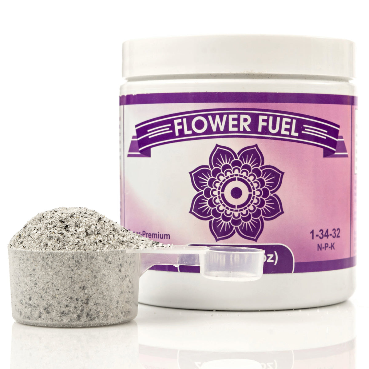 Flower Fuel label closeup showing bloom-focused formula for larger flowers.