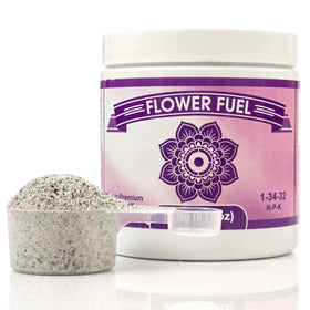 Flower Fuel label closeup showing bloom-focused formula for larger flowers.