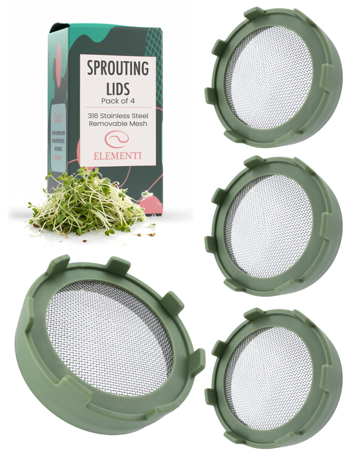 Elementi sprouting lids on wide-mouth jar for home microgreen growth
