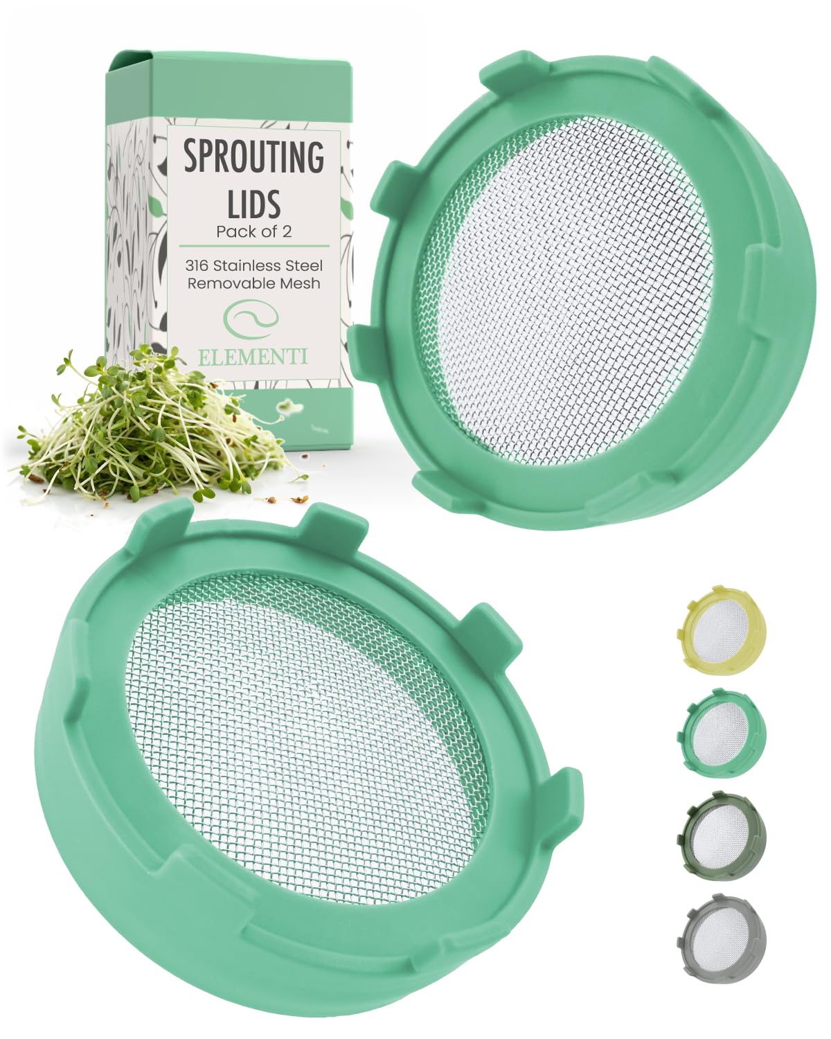 Elementi sprouting lids mint on wide-mouth jars for easy at-home sprouts