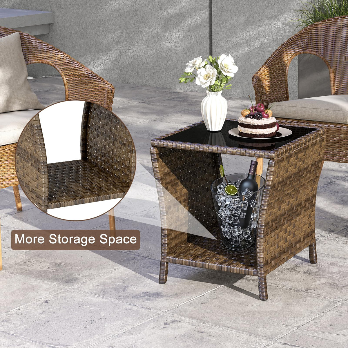 Elepude dimensions 17.7 by 17.7 inches for compact patios.