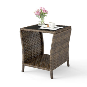 Elepude outdoor wicker side table with glass top for a stylish patio surface.