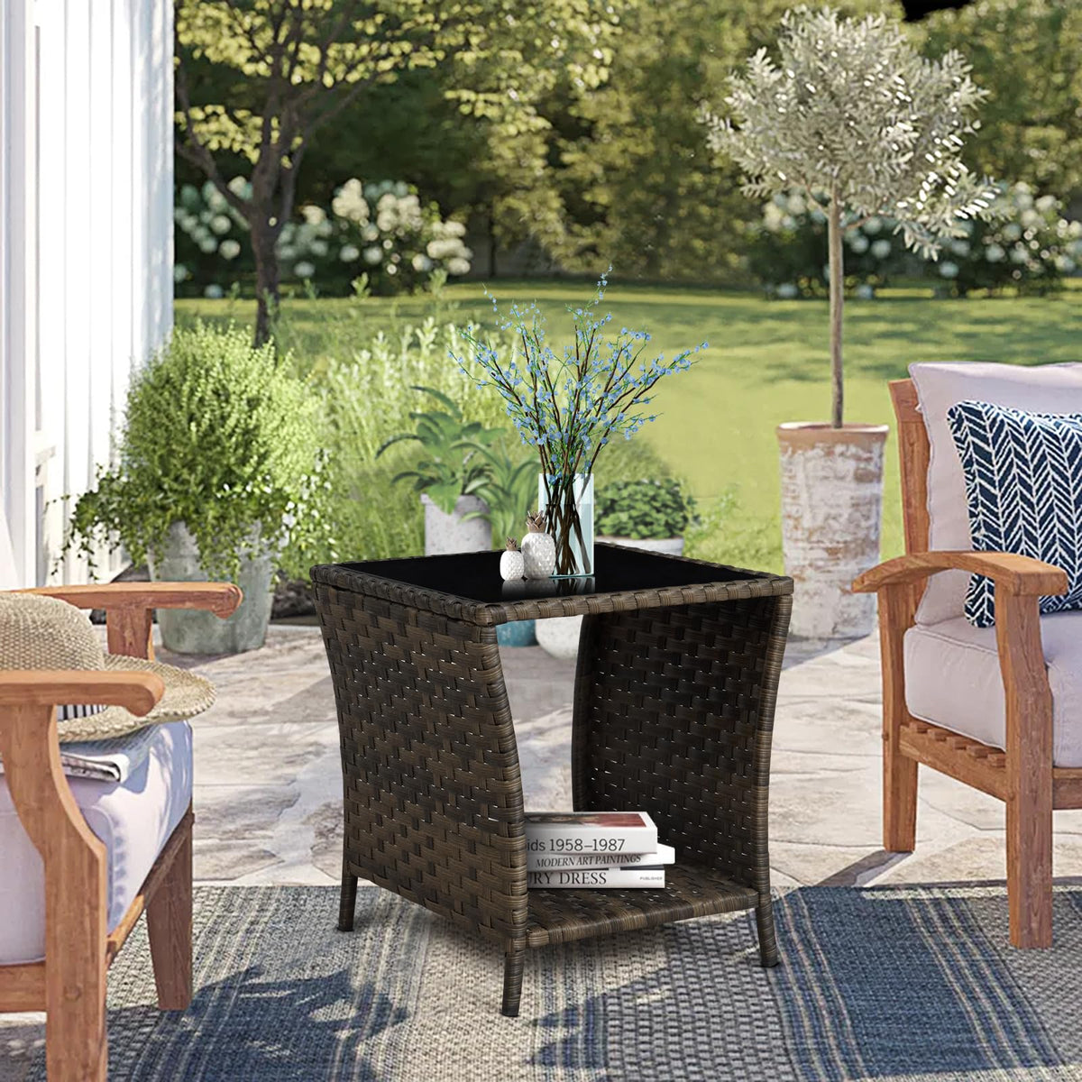 Elepude wicker end table with bottom storage ideal for magazines and glass.