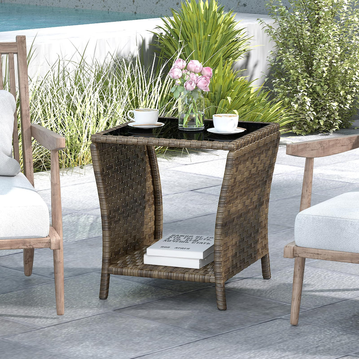 Elepude outdoor table offers convenient storage and surface area.