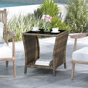 Elepude outdoor table offers convenient storage and surface area.