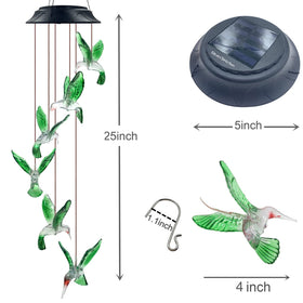 Eleven Direction Hummingbird Solar Chimes glow at night with colorful light effects.