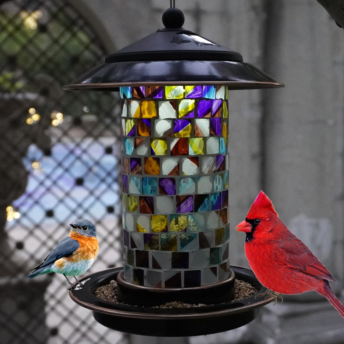 Elfonsol Solar Bird Feeder glass detail showcases vibrant colors and weather-ready construction.