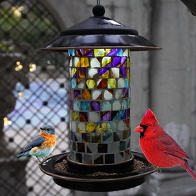 Elfonsol Solar Bird Feeder glass detail showcases vibrant colors and weather-ready construction.