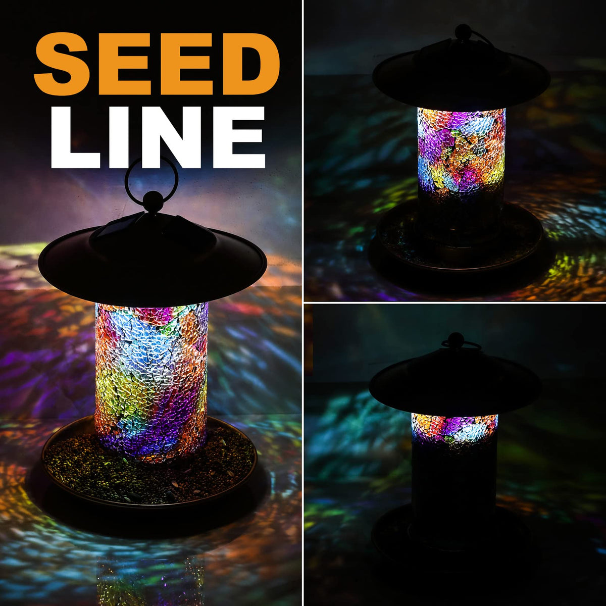 Elfonsol Solar Bird Feeder night glow doubles as seed level indicator.