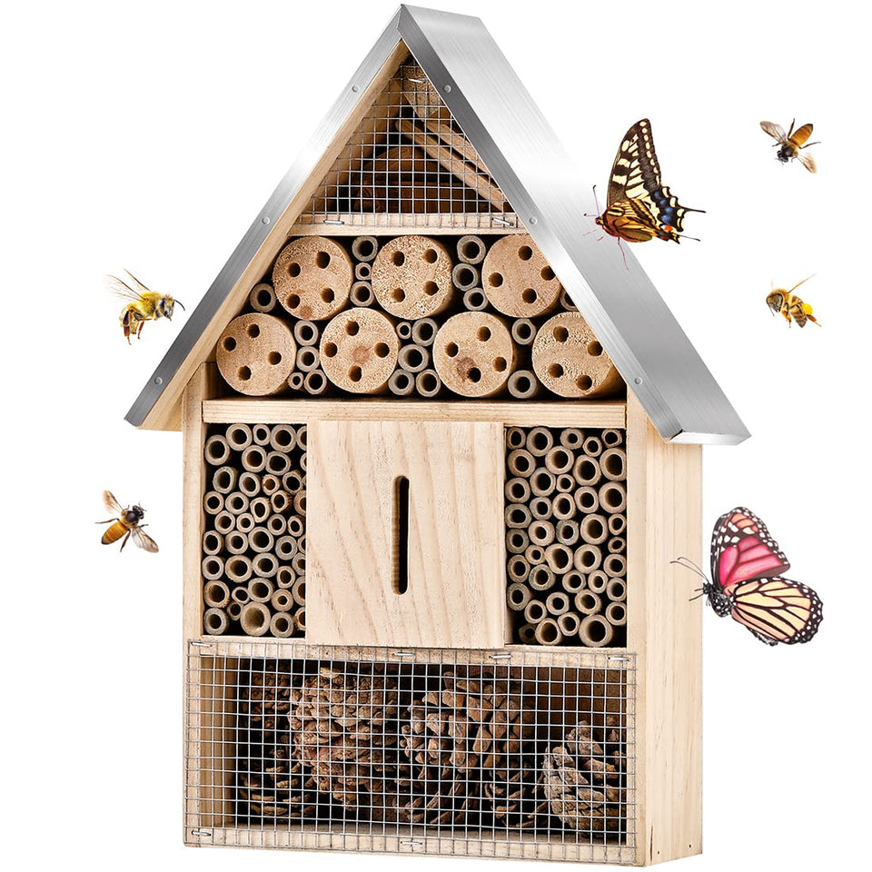 Elipark wooden mason bee house outdoors, offering a sturdy shelter for pollinators