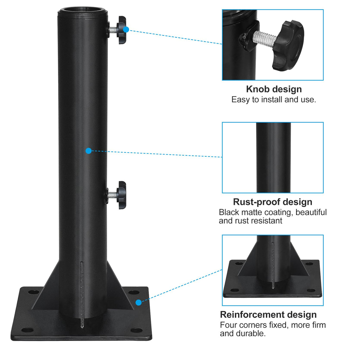 EliteShade umbrella stand demonstrates pole diameter adjustment from 1.5 to 1.9 inches.