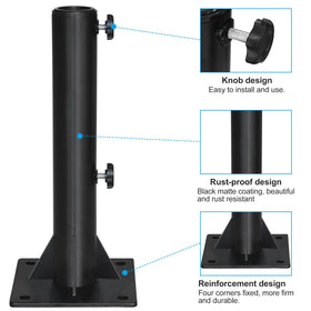 EliteShade umbrella stand demonstrates pole diameter adjustment from 1.5 to 1.9 inches.