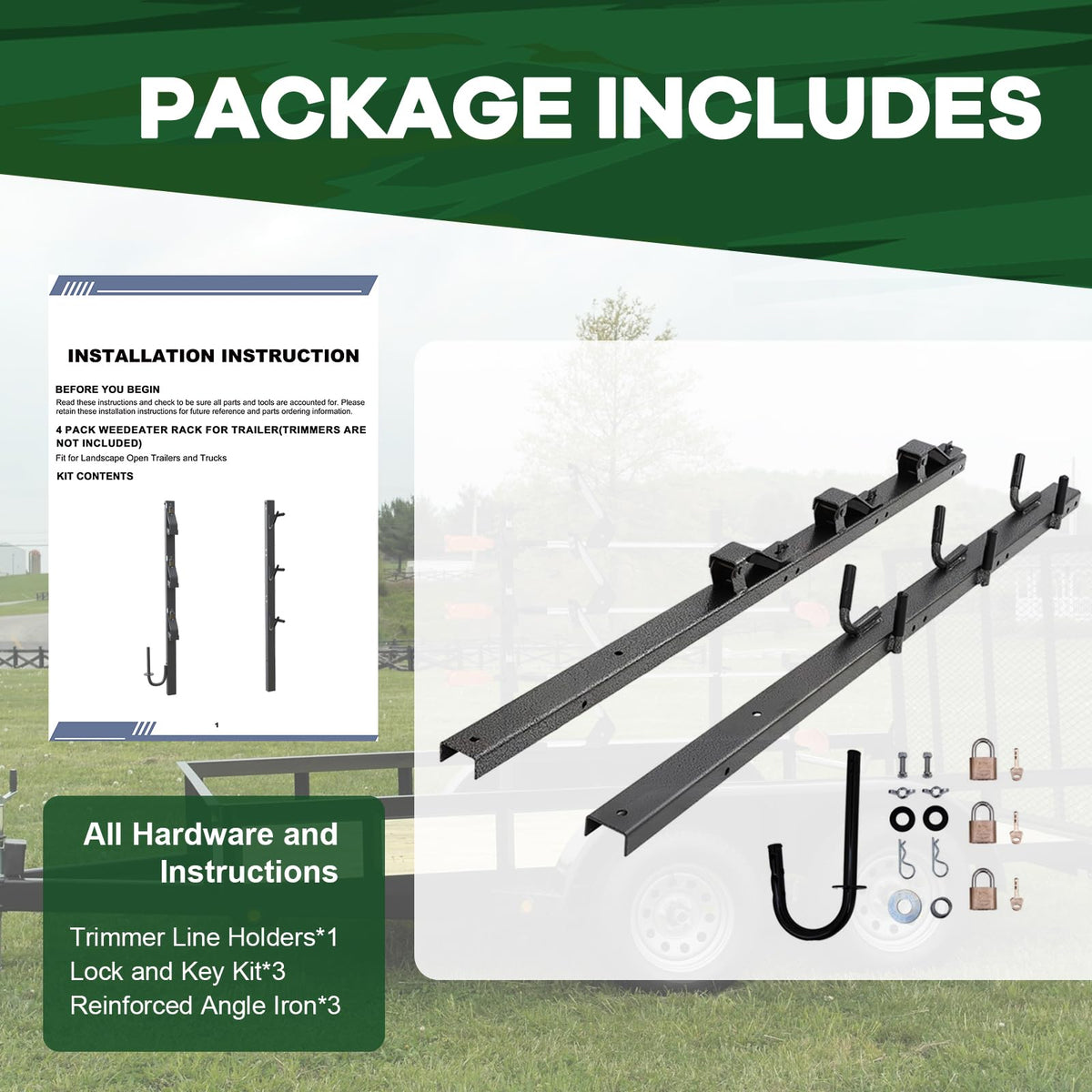 ELITEWILL weed eater rack keeps trailer organized for back-to-back jobs.