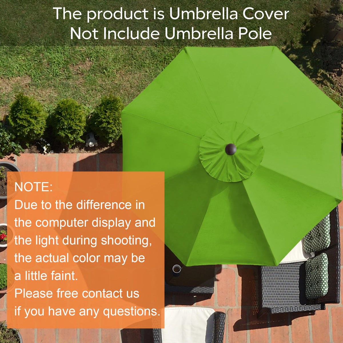 EliteShade Macaw Green canopy on a patio umbrella adds vibrant shade.