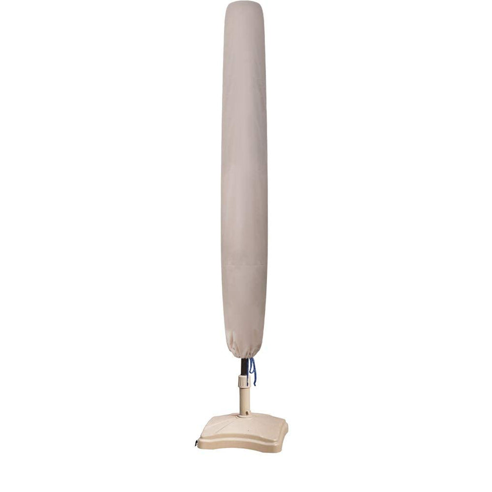 EliteShade 9ft beige umbrella cover on a market umbrella, ready for protection