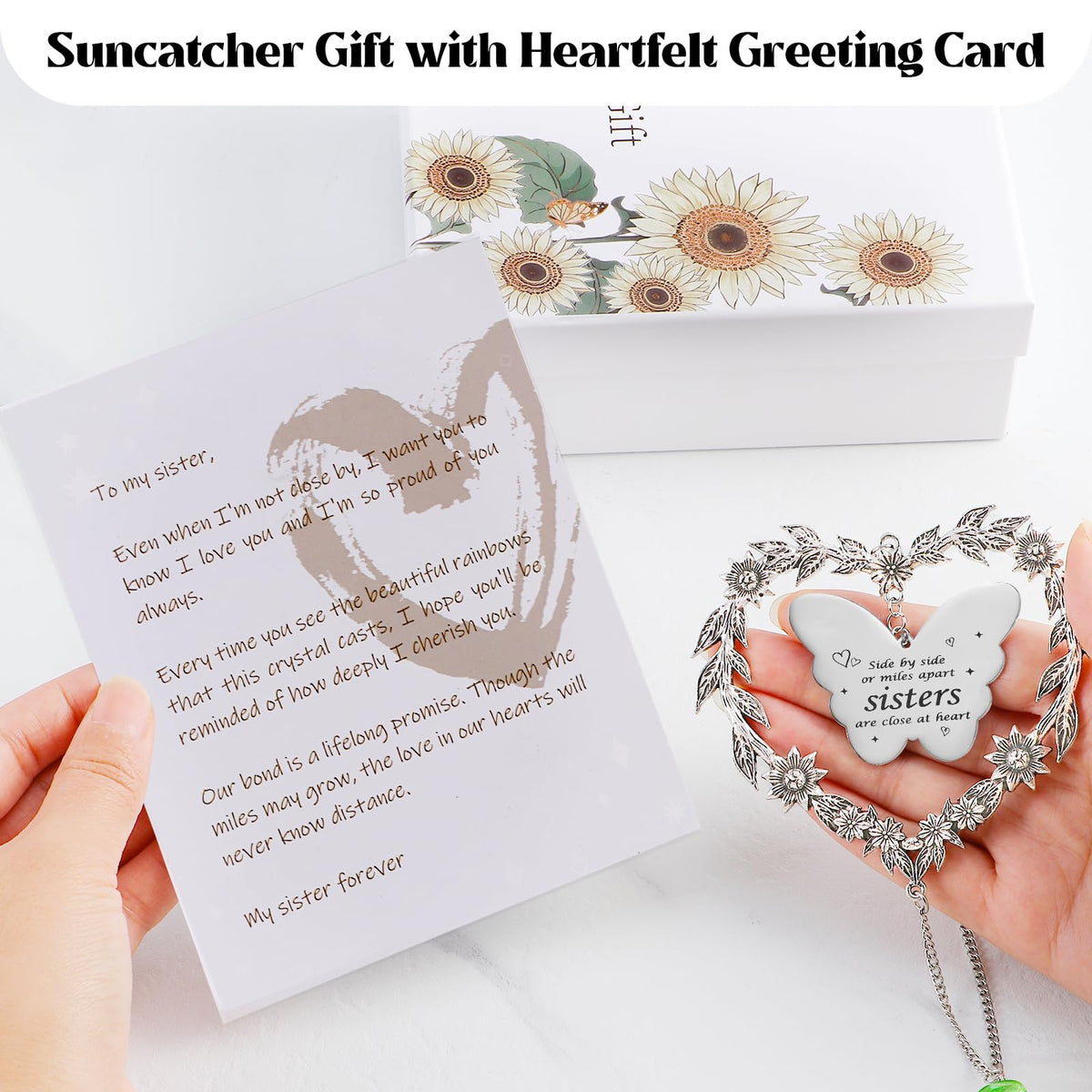 Elivida suncatcher two-sided message highlighting sister bond