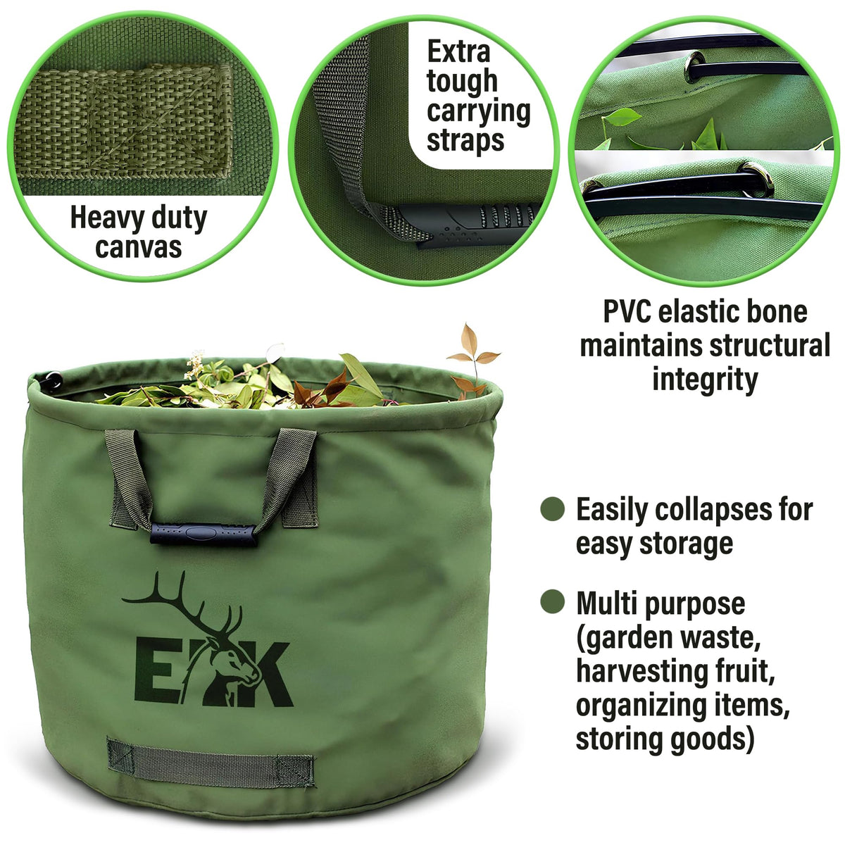 ELK multipurpose garden bag shown collapsed for compact storage.