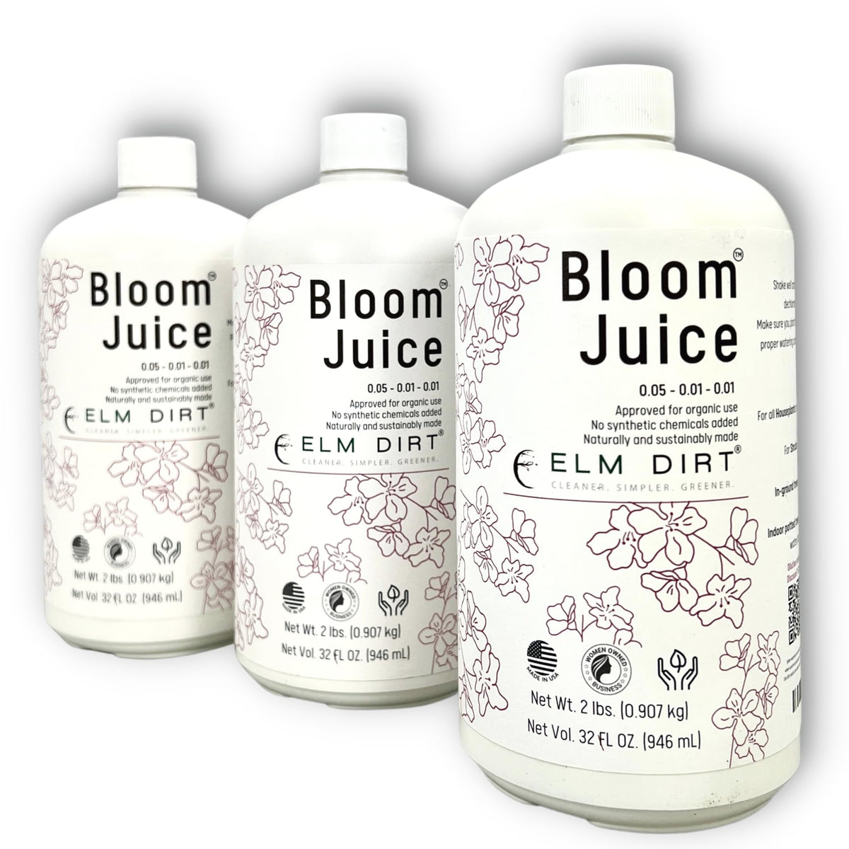 Elm Dirt Bloom Juice bottle pour supports easy feeding for lush flowering plants.