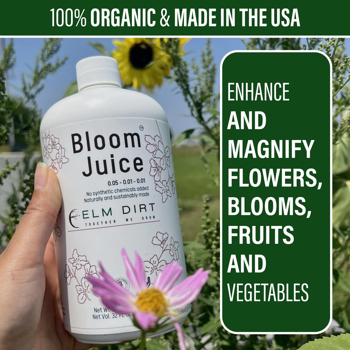 Elm Dirt Bloom Juice indoor garden setup highlights convenient, soil-friendly fertilization.