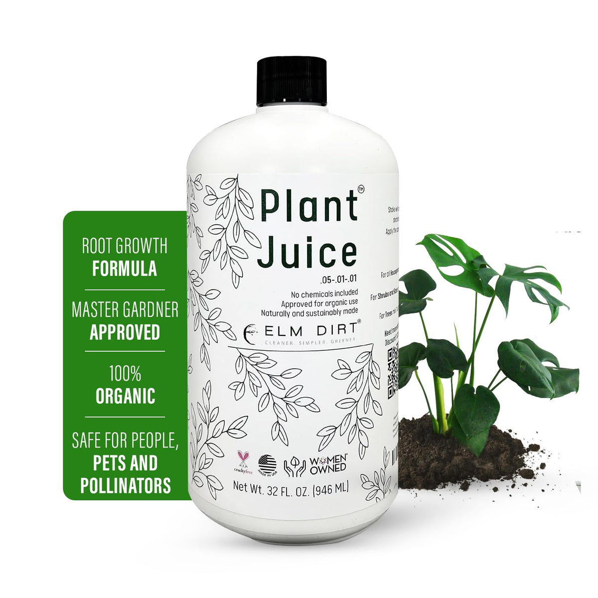 Elm Dirt Plant Juice bottle front view for ready-to-feed plant nourishment.
