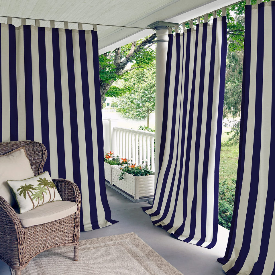 Elrene Highland Stripe curtain panel in navy fabric, ideal for indoor/outdoor privacy and style.