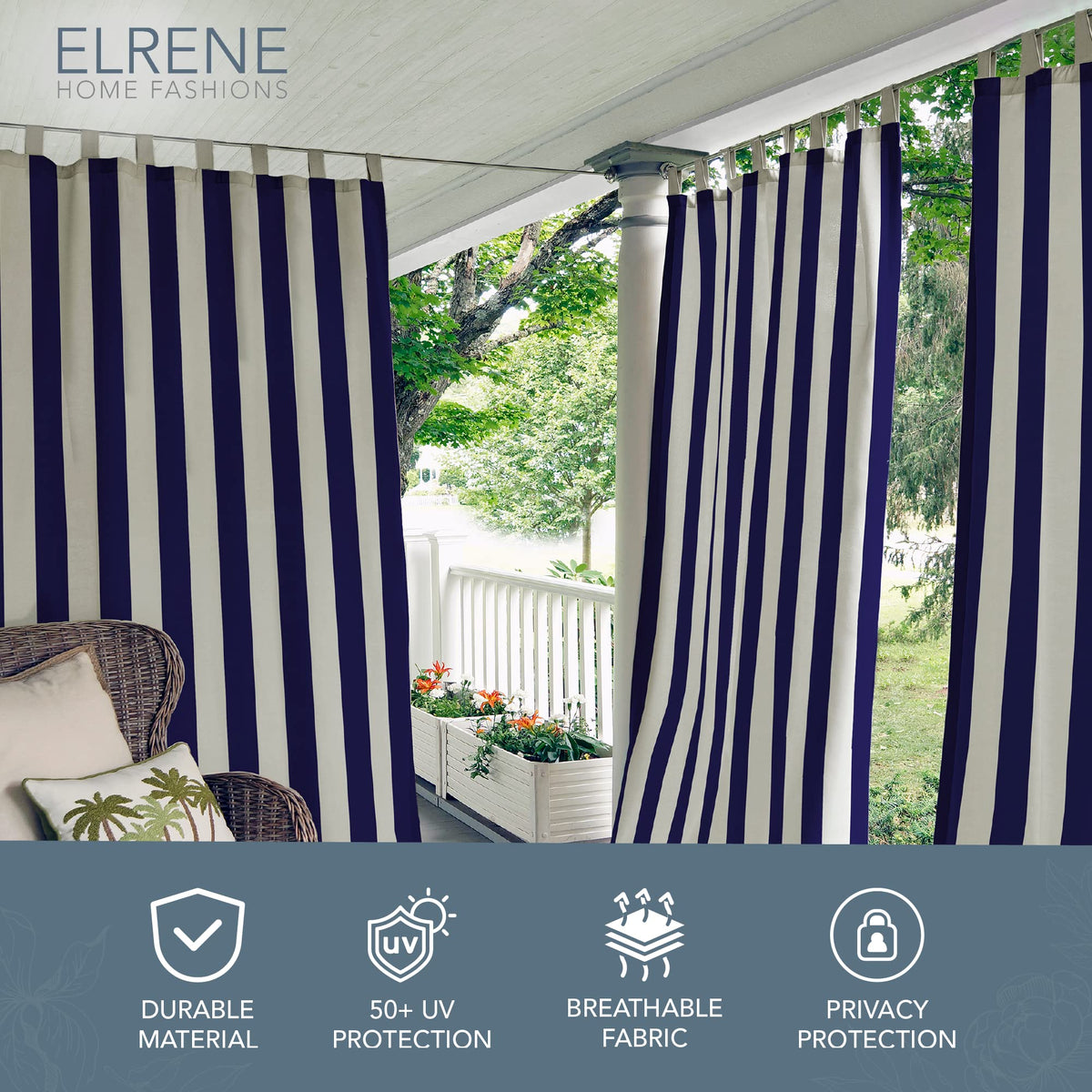 Elrene Highland Stripe curtain panel top tabs design, easy installation with 4-inch header.