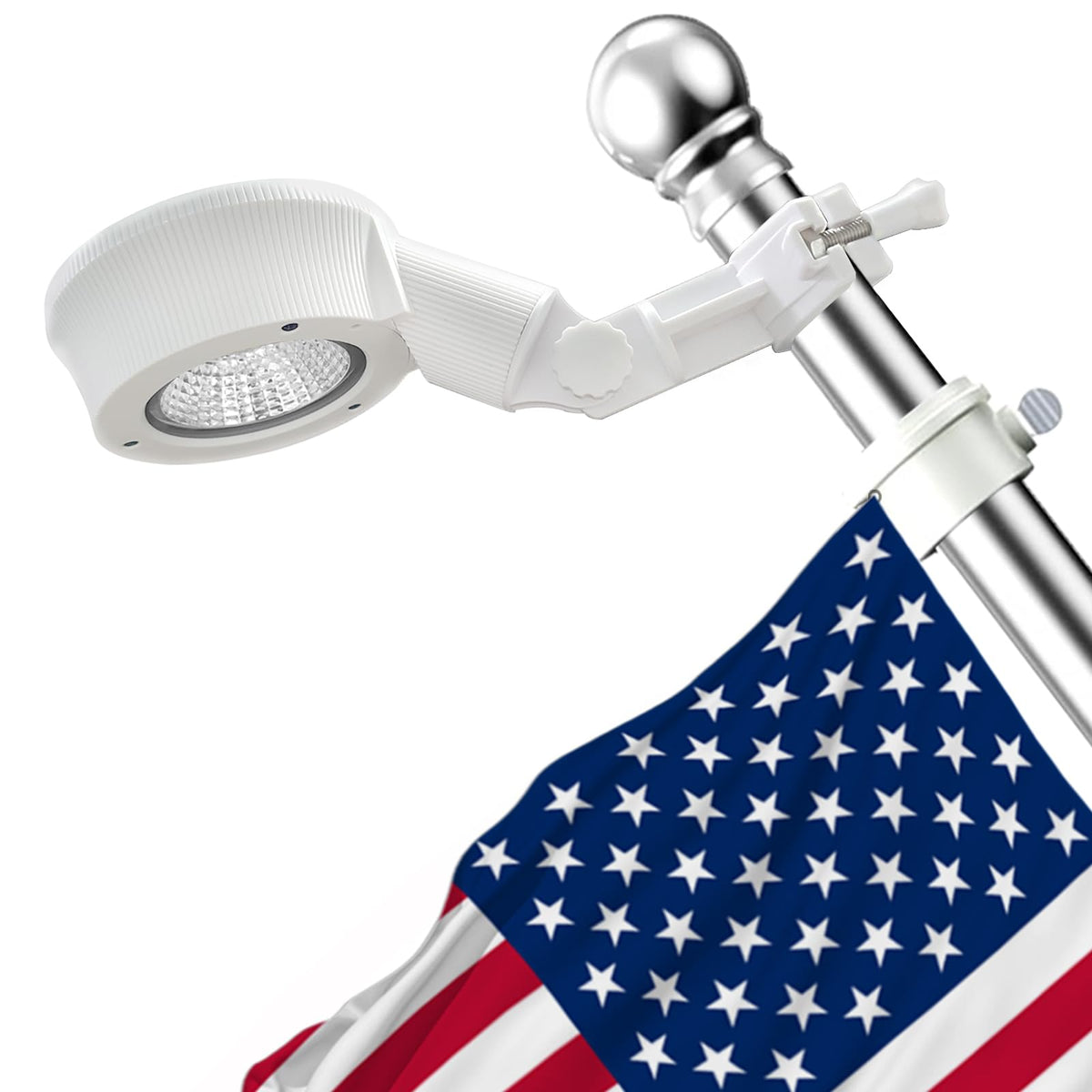 Elsollit solar flag pole light head illuminates the flag for clear nighttime visibility.