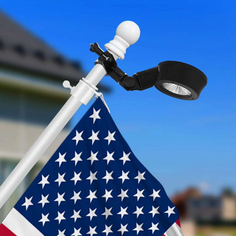 Elsollit solar flag pole light mounted on a flagpole delivering bright evening illumination.