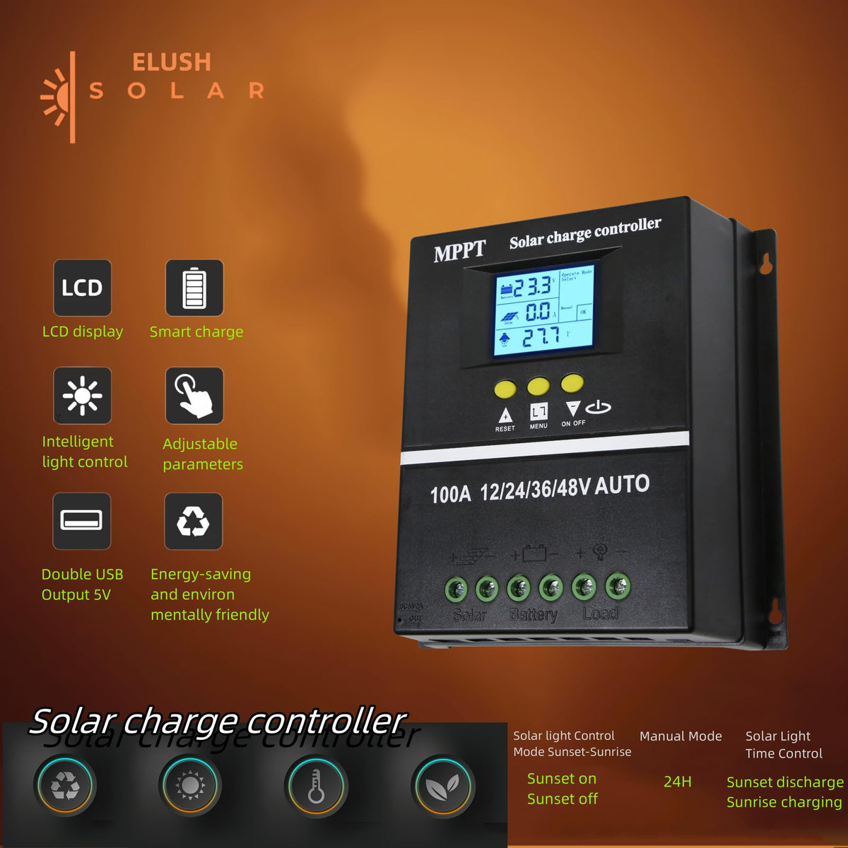 ELUSH 100A MPPT controller LCD backlight clearly presents charging data and mode selection.