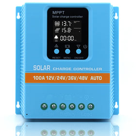 ELUSH upgraded 100A MPPT controller front panel for quick system checks.
