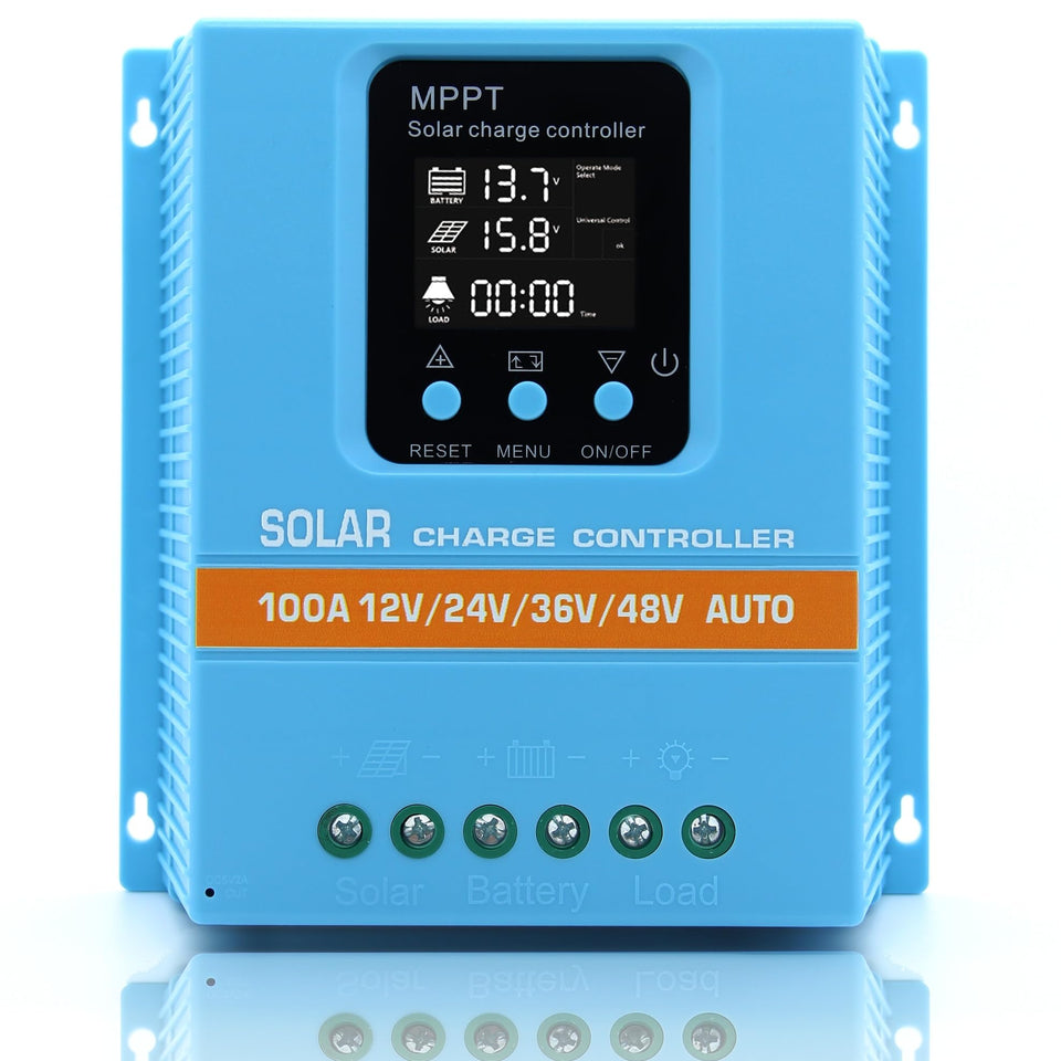 ELUSH upgraded 100A MPPT controller front panel for quick system checks.